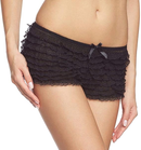 Leg Avenue Lace Ruffle Tanga Shorts One Size Black showcasing delicate micromesh lace and flirty ruffles.