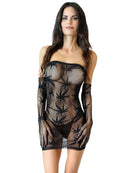 Black Canna mini dress lingerie set with gloves, featuring a stylish leaf design and a body-hugging fit.