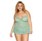 Woman wearing Eyelash Lace Babydoll Set in Seafoam with delicate gold chain and butterfly charm, adjustable straps, and matching G-string.