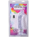 Crystal Jellies Realistic Cock With Balls 8 Inch Clear in packaging showcasing its lifelike design and curved structure.