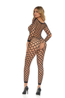 Pink Lipstick Swipe Right Crotchless Bodystocking Black featuring an open crotch design and fishnet pattern.