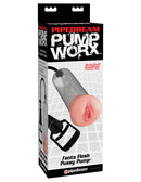 Pump Worx Fanta Flesh Pussy Penis Pump Clear and Vanilla packaging with EZ-grip handle and transparent cylinder.