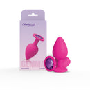 Gemma Purple Gem Pink Silicone Anal Plug Large next to its packaging, featuring a smooth design and acrylic gemstone.