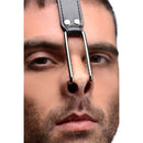 Close-up of Master Series Leather Collar with Nose Hook Black worn by a man emphasizing control and posture training.