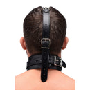 Master Series Leather Collar with Nose Hook Black worn by a person, showcasing the unique design and restraint features.