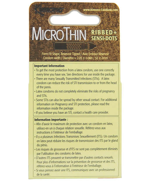 MicroThin Ribbed and Sensi-Dots Condoms packaging with important safety information
