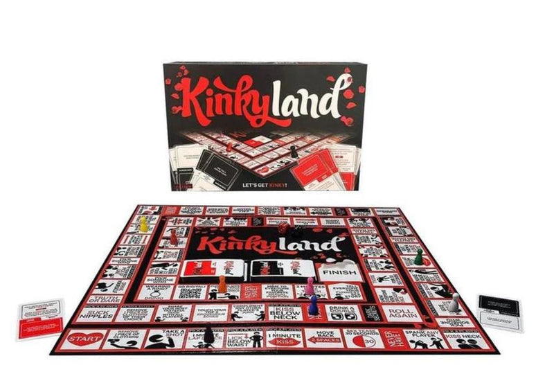 Kinkyland Board Game box and game board displaying fun challenges for adventurous couples and friends.