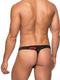 Man wearing Male Power Kiss Me Micro Thong V Lips Print L/XL, low-rise sexy G-string with eye-catching red lips print.