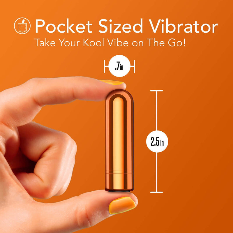 Kool Vibes Rechargeable Mini Bullet Vibrator in tangerine, 2.5 inches tall and 0.7 inches wide, held between two fingers against an orange background.