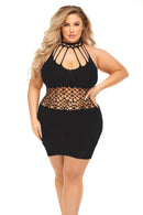 Rich B Phase Dress Queen Size Black on a model showcasing bold netted mini design and confident style.