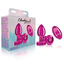 Viben Cheeky Charms Vibrating Pink Metal Remote Plug Medium with remote and packaging displayed.