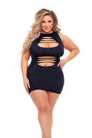 Pink Lipstick Can't Commit Mini Dress Queen Size Black featuring stylish cut-outs for a flattering silhouette.