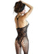 Lace crochet bodystocking lingerie in black, showing back view with intricate design and fitted silhouette on model.