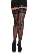 Leg Avenue Stay Up Lace Top Sheer Thigh Highs Black featuring lace top and faux lace-up backseam.