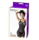 Savage Lingerie Lace Fishnet Mini Dress Black packaging featuring a model in a sultry lace fishnet dress.