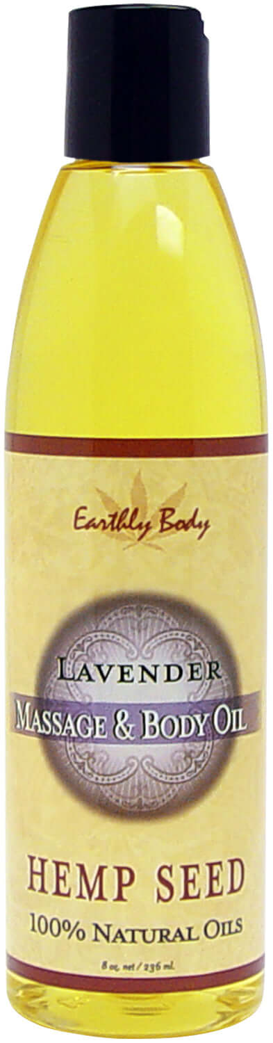 Earthly Body Lavender Hemp Seed Massage Oil, 8 oz bottle, 100% natural oils for deep skin conditioning and moisturizing.