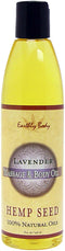 Earthly Body Lavender Hemp Seed Massage Oil, 8 oz bottle, 100% natural oils for deep skin conditioning and moisturizing.