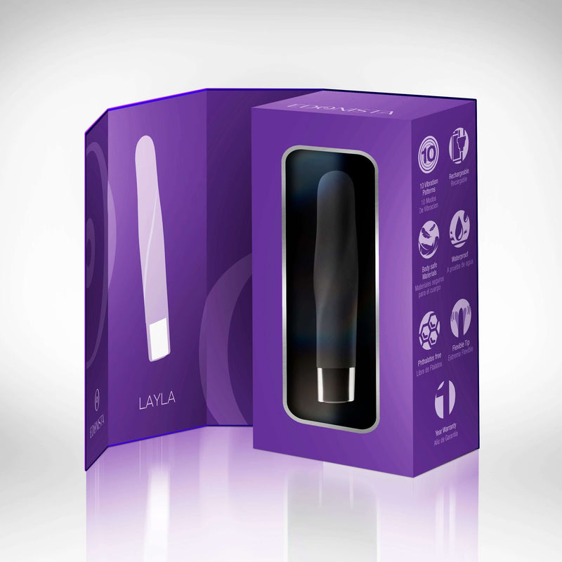 Edonista Layla Silicone Twist Bullet Vibrator packaging, showcasing flexible design and 10 vibration patterns.