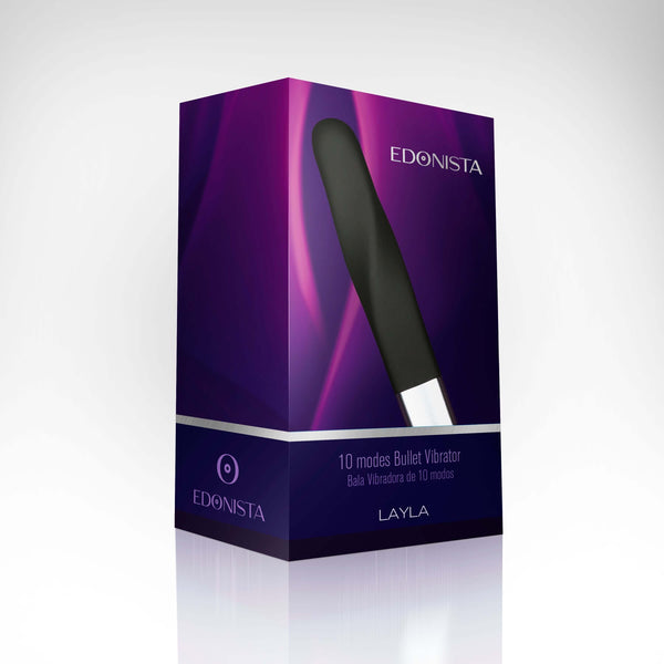 Edonista Layla Silicone Twist Bullet Vibrator packaging showcasing 10 vibration modes and body-safe materials.