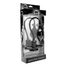 Master Series Inflatable Silicone Butterfly Gag Black packaging with hand pump for adjustable oral restraint.