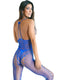 Blue lace crochet bodystocking lingerie featuring a backless design and fishnet details, showcasing elegance and allure.