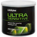 Lifestyles Ultra Sensitive Latex Condoms 40 Pc Bowl packaging featuring a black design and green text with product details.