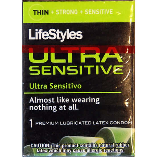 Lifestyles Ultra Sensitive condom packaging featuring thin, strong, and sensitive design for ultimate comfort and pleasure.