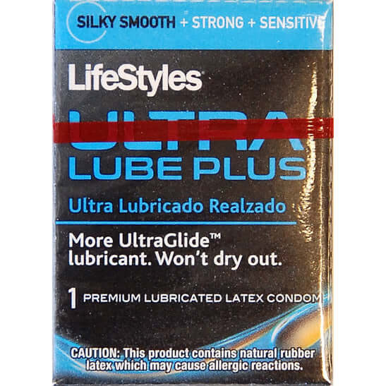 LifeStyles Ultra Lube Plus condom packaging showcasing silky smooth, strong, and sensitive design for enhanced pleasure.
