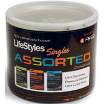 Lifestyles Assorted Singles 40 Piece Jar featuring Ultra Sensitive, Pleasure Ribbed, and Ultra Lube Plus condoms.