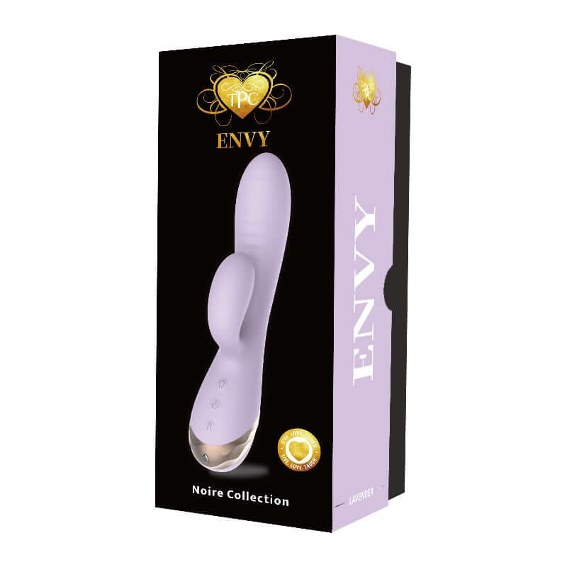 Envy Inflatable Vibrator in Lavender packaging showcasing a luxurious rabbit massager for enhanced pleasure and satisfaction.