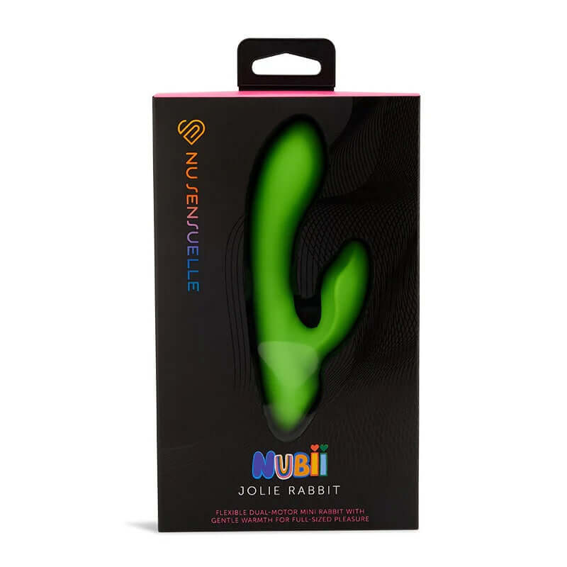 Sensuelle Nubii Jolie Mini Rabbit Vibrator in Lime Green packaging with dual motor and warming features