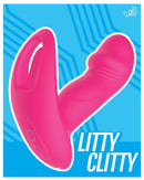 Pink Litty Clitty wearable vibrator with ergonomic design against a blue background