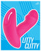 Pink Litty Clitty wearable vibrator with ergonomic design against a blue background