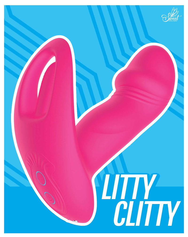 Pink Litty Clitty wearable vibrator with ergonomic design against a blue background