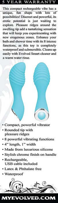 Little Dipper rechargeable silicone vibrator in aqua with pleasure ridges and 8 vibrating functions, compact and waterproof.