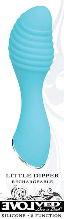 Little Dipper Rechargeable Silicone Vibrator in Aqua, featuring pleasure ridges and 8 intense functions for enhanced sensual experiences.