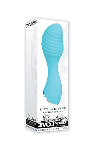Little Dipper Rechargeable Silicone Vibrator in Aqua packaging, showcasing its unique shape and features.