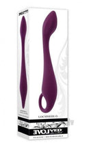 Evolved Lochness G Vibrator in packaging with gently arched shaft and ring handle for G-spot stimulation and intense pleasure.