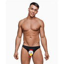 Model wearing Male Power Choke the Chicken Bikini One Size Black, showcasing its cheeky design and playful humor.