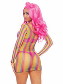 Leg Avenue Rainbow Fishnet Long Sleeved Mini Dress on model showcasing vivid colors and a flirty mini length style.
