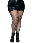 Leg Avenue Cracked Fishnet Tights 1X/2X Black worn with a black leather skirt and boots, showcasing a stylish look.