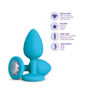 Gemma Clear Iridescent Gem Teal Silicone Anal Plug Small displayed with description of features and color.