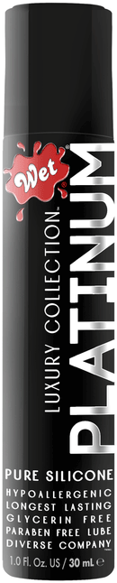 Wet Platinum Luxury Silicone Lubricant 1 Fl Oz bottle featuring a luxurious design for smooth, long-lasting glide.