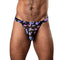 Model wearing Male Power Hazy Dayz Jock Mushroom L/XL, blacklight-responsive sheer mesh jock with psychedelic mushroom prints.