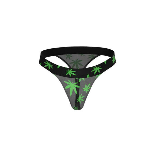 Hazy Dayz Micro Thong Pot Leaf L/XL in sheer stretch mesh with vibrant green pot leaf print