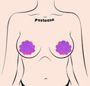 Neon pink and purple glitter mermaid seashell pasties by Pastease on a minimalist female figure illustration.