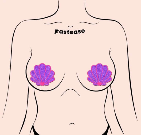 Neon pink and purple glitter mermaid seashell pasties by Pastease on a minimalist female figure illustration.