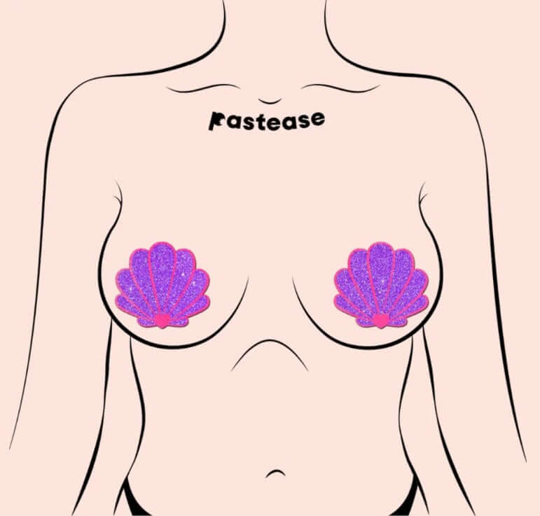 Neon pink and purple glitter mermaid seashell pasties by Pastease on a minimalist female figure illustration.