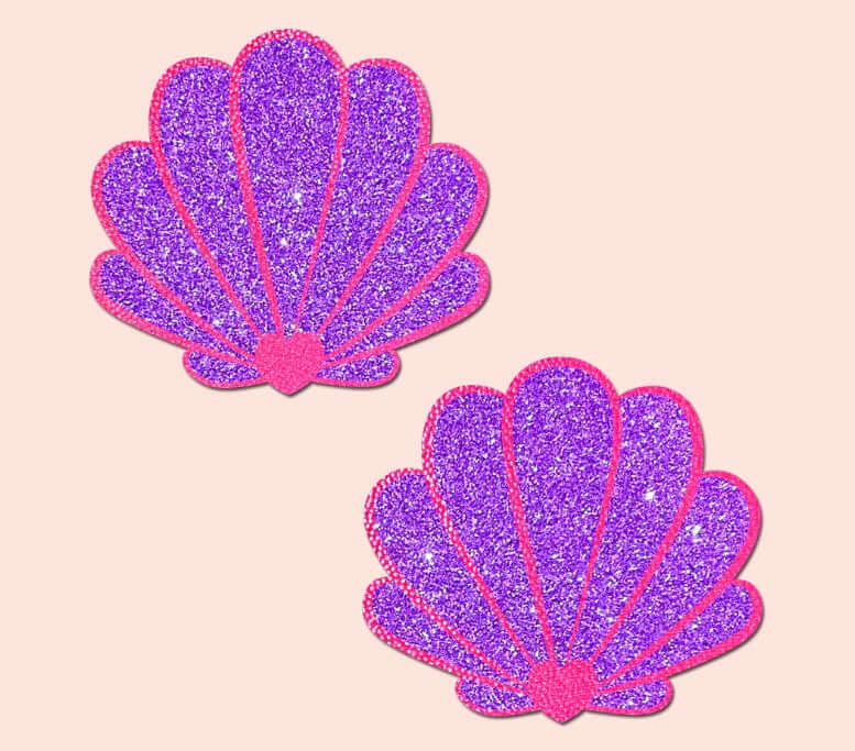 Mermaid Seashell Pasties in Neon Pink & Purple Glitter by Pastease, whimsical design for beach lovers and mermaid enthusiasts.