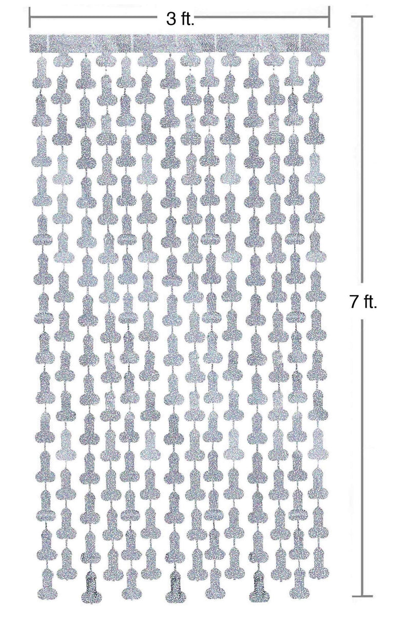 Silver metallic foil curtain with disco penis design, 3x7 feet, perfect for bachelorette party backdrops or entrances.